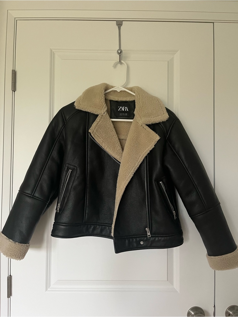Zara Black Faux Leather Aviator Jacket with Tan Sherpa Lining